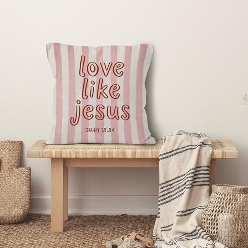 Pink Striped Christian Bible Verse Throw Pillow Cover 18x18, Love Like Jesus Religious Decorative Pillow Covers for Home Bedroom Living Room Couch, Christian Gifts Accent Pillows Cover Pillowcases