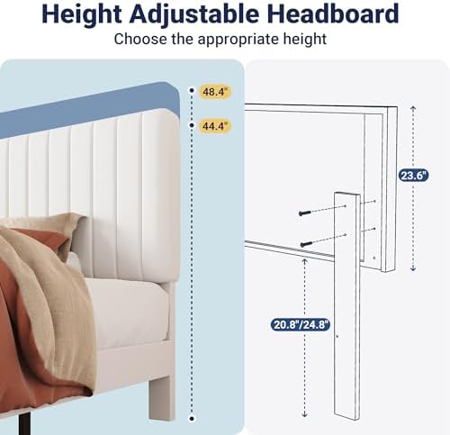 Allewie Twin Bed Frame, Velvet Upholstered Platform Bed with Adjustable Vertical Channel Tufted Headboard, Mattress Foundation with Strong Wooden Slats, Box Spring Optional, Easy Assembly, Off-White