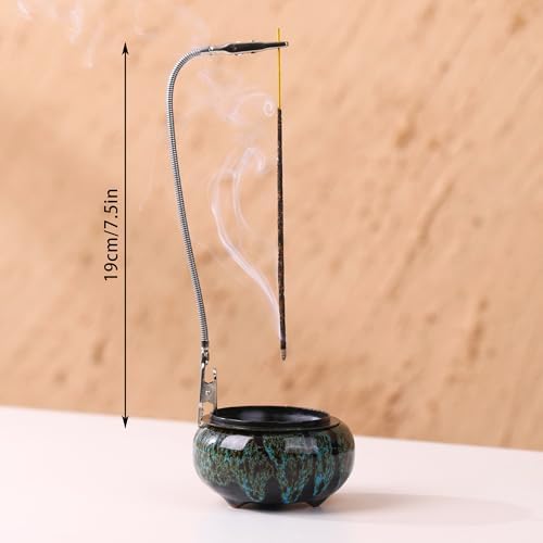 Incense Burner with Calabash Incense Stick Holder - Porcelain Charcoal Censer for Use with Resin Granular Powder Cone or Coil Incense (Kiln-Colored Blue)