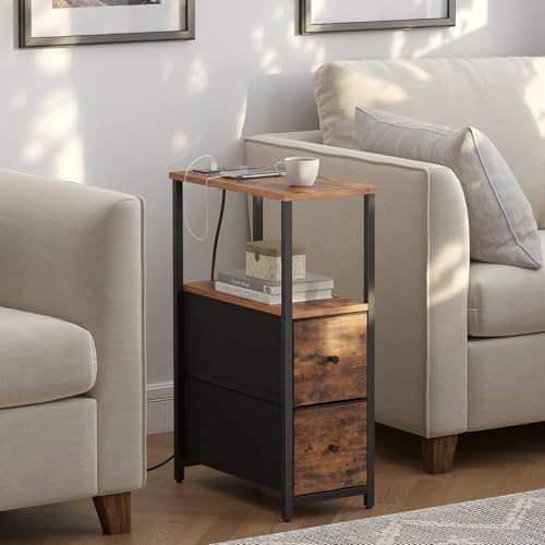 TUTOTAK Narrow End Table, Skinny Side Table with Charging Station