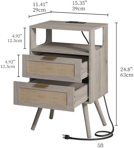 JOONEE Rattan Nightstand with Charging Station,Farmhouse Bedside Table with 2 Storage Drawer and Open Wood Shelf, for Bedroom and Small Spaces,Night Stand with Solid Wood Legs (Grey Oak-Outlet)