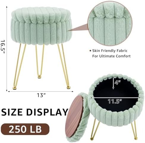 Wimarsbon Vanity Stool with Storage, Faux Fur Ottoman Chair with Metal Legs