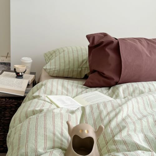AOJIM Sage Green & Russet‑Red Striped Duvet Cover Full 3Pcs Vintage Bedding