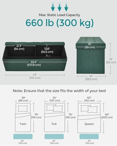 SONGMICS 43.3 Inches Folding Storage Ottoman Bench, Load 660 lb