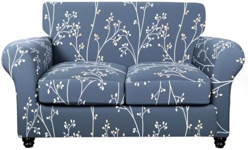 SearchI Stretch Sofa Cover Printed Couch Cover, Floral Pattern 3 Pieces Loveseat Slipcover with 2 Separate Cushion Cover, Washable Furniture Protector for Living Room(Loveseat, Gray Blue)