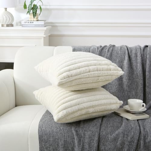 Decorative Throw Pillow with Inserts, Set of 2 Soft Faux Fur Throw Pillows, Square Boho Striped Pillow for Couch, Bed, Sofa Decor (Beige, 20" x 20"(Pack of 2))
