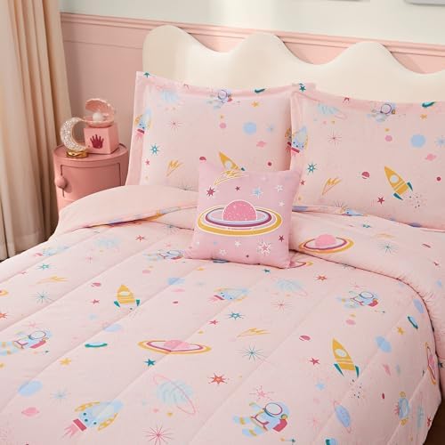 Full Size Comforter Sets for Girls-4 Pieces Pink Glow in the Dark Bedding