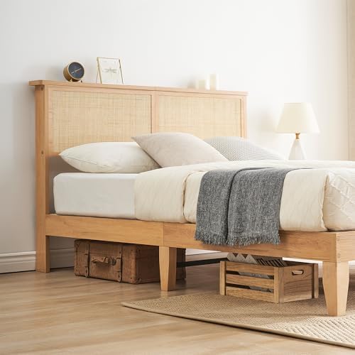 coucheta Bohemian Full Rattan Bed LED Natural Headboard Bedroom