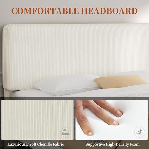 Yaheetech King Bed Frame, Adjustable Chenille Upholstered Headboard, Beige