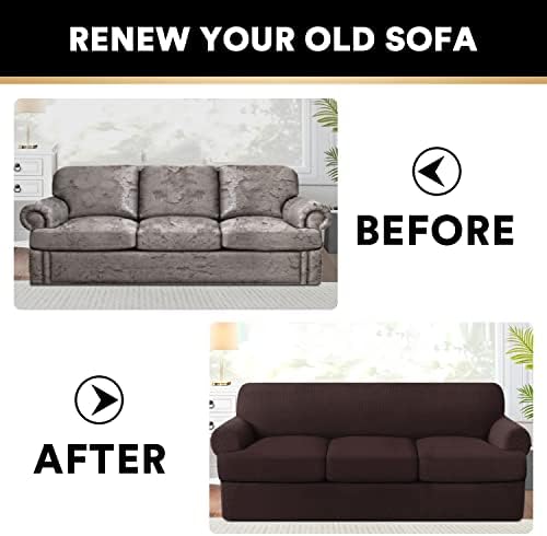 PrinceDeco T Cushion Sofa Slipcover 4 Pieces Sofa Covers for T Cushion Couch Soft Sofa Slip Covers Furniture Protector with 3 Individual T Shape Seat Covers (70"-88") Washable, Brown