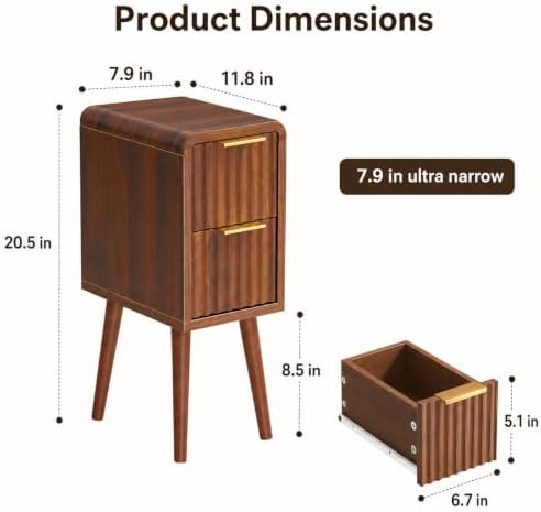 8 Inch Narrow Nightstand, 2 Drawers, 1 Pack
