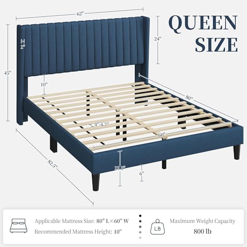 Yaheetech Queen Bed Frame with Headboard, Navy Blue Channel-Tufted Platform