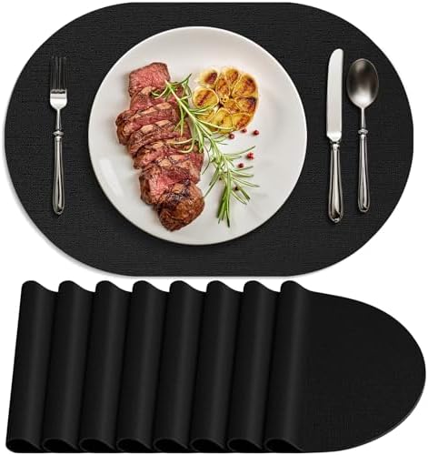 Faux Leather Oval Placemats Set of 8, Black