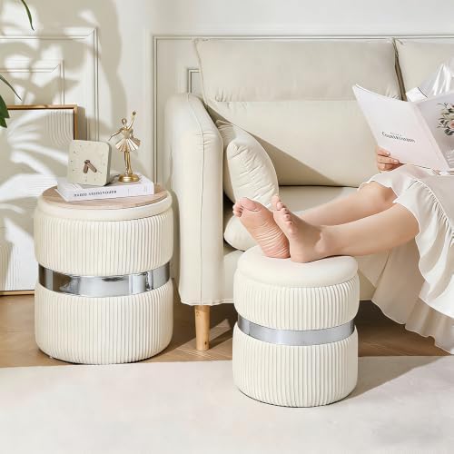 Round Ottoman with Storage, White Velvet, Set of 2