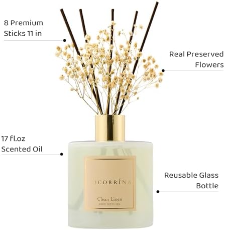 COCORRÍNA Reed Diffuser - Clean Linen 17 Fl.oz Reed Diffuser with 8 Sticks Scented Diffuser with Preserved Flowers for Bathroom Home Decor