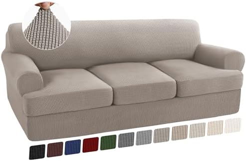 Turquoize 4 Piece T Cushion Sofa Slipcovers Stretch Couch Cover Furniture Covers with 3 Individual T Cushion Covers, Machine Washable (3 Cushion Sofa, Taupe)