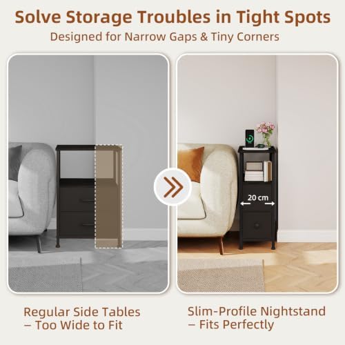 Somdot Narrow End Table Set of 2, Charging Station, Side Table, 2 Drawers