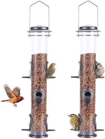 MIXXIDEA 2PK Metal Bird Feeders with 6 Feeding Ports,Tube Bird Feeder with Steel Hanger,Hard Plastic Wild Bird Feeder for Outdoors Hanging, Attracting Birds in Your Lawn, Garden, Balcony (Grey)
