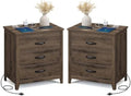 VASAGLE Farmhouse Nightstand with Charging Station, Set of 2, 3 Drawers