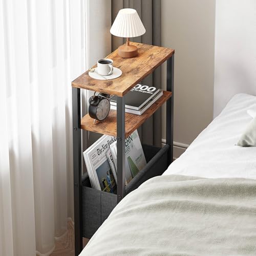 Narrow Side Table, Slim End Table with Magazine Rack, Skinny Bedside Table for Small Spaces, 3 Tier Sofa Couch Table Nightstand for Living Room, Bedroom, Rustic Brown LET503R