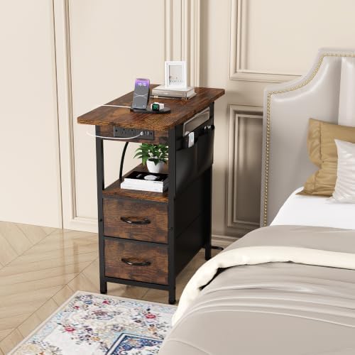 Yenlure Small Side Table with Charging Station, Narrow Nightstand Bedside Tables with Storage Pocket for Living Room Bedroom, Sofa End Table with USB Ports and Power Outlets for Small Spaces