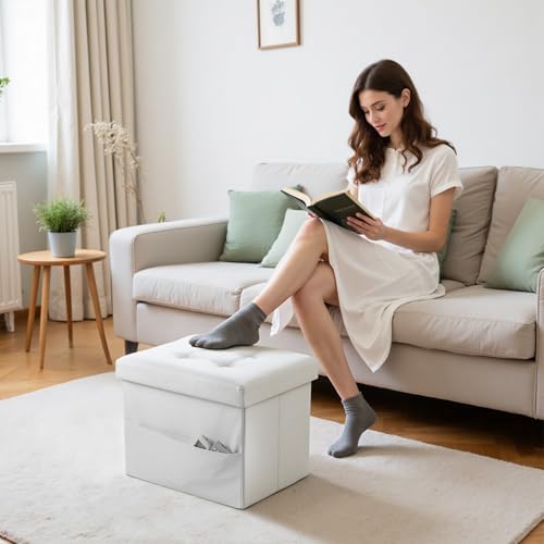 Bsketa Storage Ottoman Bench,16 Inch Folding Leather Foot Rest Stool, White