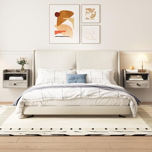 Floating Nightstand Set of 2 Modern Night Stands with Drawer and Open Shelf