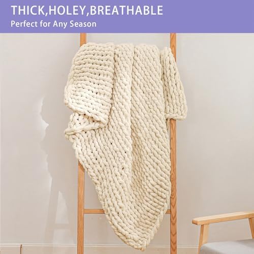 Bigacogo Chunky Knit Throw Blanket for Couch, 40x40 inches, Beige