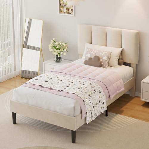 VECELO Twin Size Bed Frame with Upholstered Headboard, Pale Beige