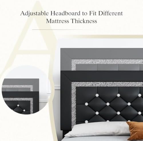 HOMBCK Full Size Bed Frame, Upholstered Platform Bed with Headboard, Black