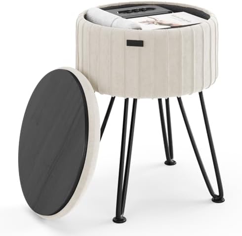 Round Ottoman with Storage, Pleated Velvet Storage Ottoman, Foot Stool Ottomans, Makeup Vanity Stool, Small Ottomans Foot Rest, Modern Vanity Stools for Living Room and Bedroom, Cream