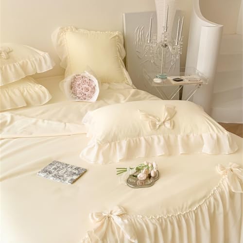 IHOUSTRIY Duvet Cover Full Size, Ruffle Beddding Set with Bowtie, 3 Pieces Comforter Cover Set with Zipper Closure, Girl Princess Bedding with Pillowcase - Cream Yellow, Full