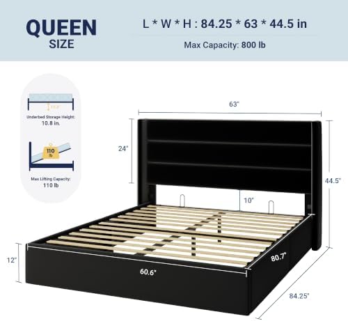 Allewie Queen Size Lift Up Hydraulic Storage Bed Frame Black