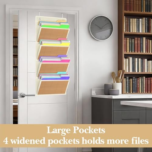 Over the Door File Organizer - Hanging Wall Mounted File Folders Storage with 4 Extra Large Pockets for Home, 0ffice, Classroom, Chart Papers, Files, Letters, Planner, Documents, Magazine Book
