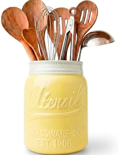 Comfify Yellow Mason Jar Utensil Holder – Wide Mouth Ceramic – Farmhouse
