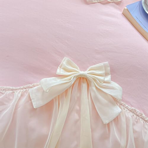 SOUKECHY Girls Lace Bedding,Pink King Comforter Cover Set, Chic Ruffled Duvet Cover with Lovely Bow,Princess Style 1 Duvet Cover with 2 Pillowcases, No Comforter-Pink,King Size