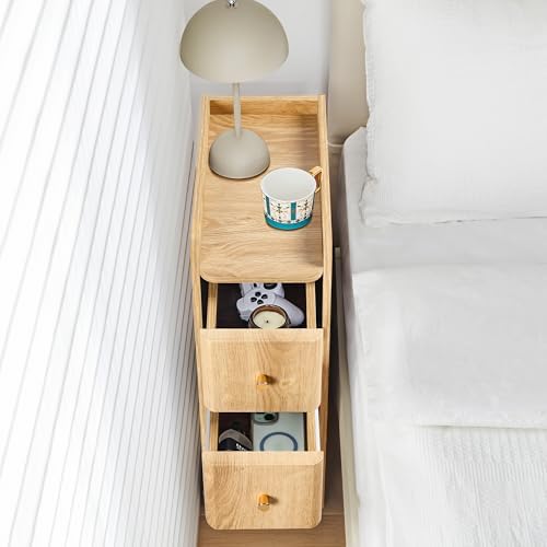 Narrow Nightstand Set of 2, Wooden Small 2 Drawer Nightstand, Slim Side End Table, Skinny Bedside Table, Mid Century Modern Night Stand with Drawers for Bedroom (Natural 2-2 pcs)