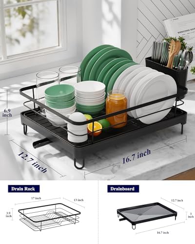Kitsure Dish Drying Rack for Kitchen Counter, 12.7''W x 16.7''L, Black
