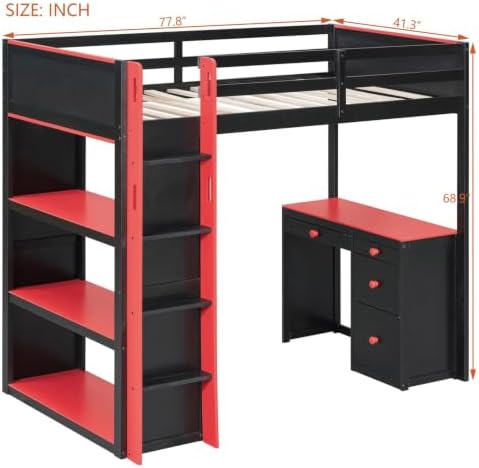 LUMISOL Twin Gaming Loft Bed with Desk and Storage Shelves, Solid Wood Loft Bed with Drawers and Computer Desk for Teens, Space Saving High Loft Bed Frame for Kids Bedroom Red