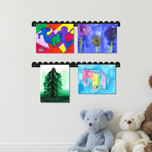 Scalloped Magnetic Art Display for Kids Artwork & Photos (Set of 2) – Kids Artwork Display for Wall – Magnetic Photo Display Strips with Push-Pin Magnets (Black, 23in)