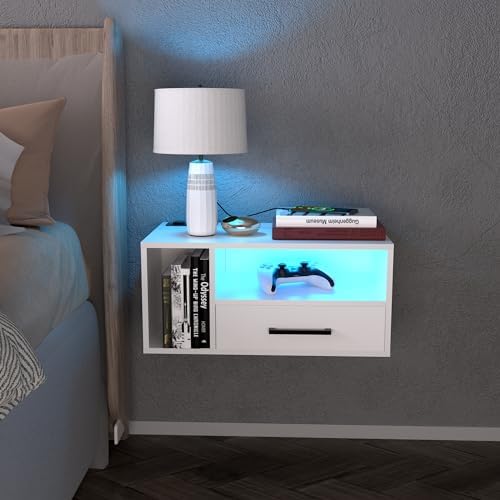 Homaterial Floating Nightstand with Charging Station & Lights, White