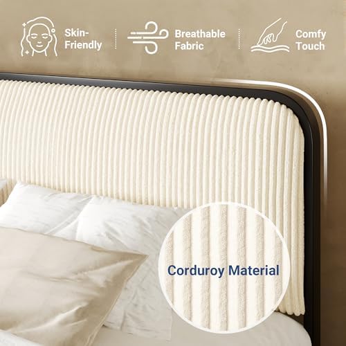Allewie Full Metal Bed Frame with Upholstered, Cream