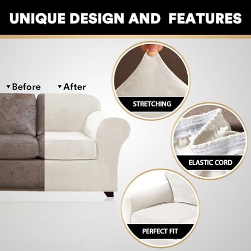 PrinceDeco Velvet Couch Covers for Sofa Soft 4 Pieces Couch Covers for 3 Cushion Couch Sofa Pet Friendly Furniture Protector with Non Slip Elastic Bottom Width Up to 90 Inch (Medium-Large, Porcelain)