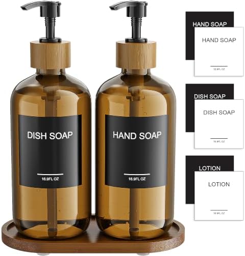 MASADI Amber Soap Dispenser Set with Tray, Dish and Hand soap Lotion Dispenser Set with Wooden Pump for Kitchen and Bathroom Decor for Counter, Modern Vintage Liquid Soap Dispensers