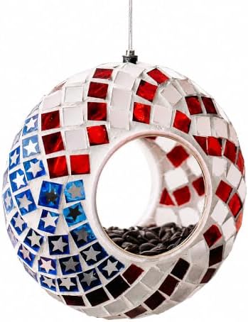 Backyard Expressions Hanging Glass Bird Feeder - Patriotic - Fly Through Bird Feeders for Outside, Mosaic Bird Feeder, Round Shape Wild Birdfeeder