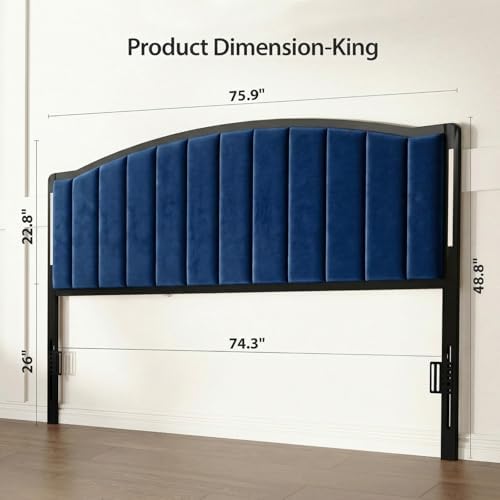 Upholstered Tufting Headboard for King Size Bed with Lights, Blue