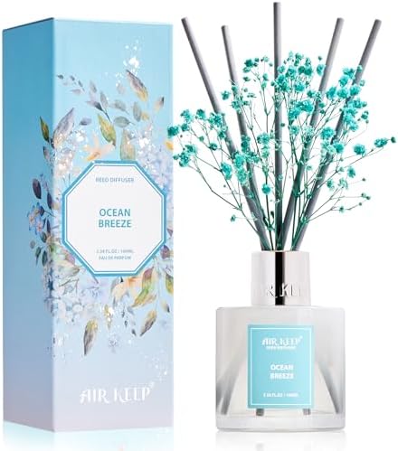 Airkeep Reed Diffuser Set,3.38 fl oz (100 ml) - Ocean Breeze Oil Diffusers with 8 Reed Sticks, Home Fragrance Reed Diffuser for Bathroom Shelf Decor