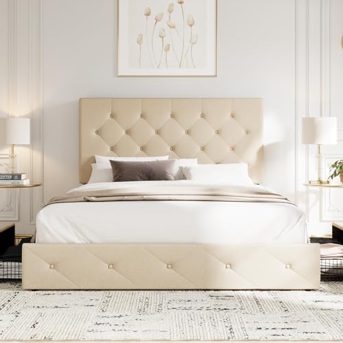 Allewie Queen Size Storage Bed Frame with 4 Underbed Drawers, Upholstered Platform Bed with Adjustable Headboard, Diamond Button Tufted, Easy Assembly, Noise-Free, No Box Spring Needed, Beige