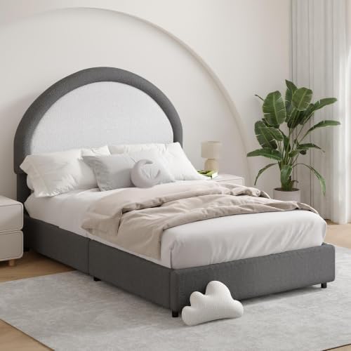 REVOMINCA Twin Bed Frames with Headboard, Boucle Upholstered Platform Bed Frame, Soft Rounded Corners, No Box Spring Needed, Easy Assembly, Grey&White