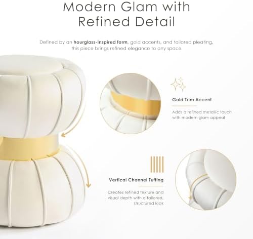 Furniture of America Magnus Modern 17-inch Upholstered Ottoman with Hourglass Shape and Stainless Steel Gold Trim, Vanity Stool Chair, Small Foot Stool for Bedroom, Living Room, Entryway, White